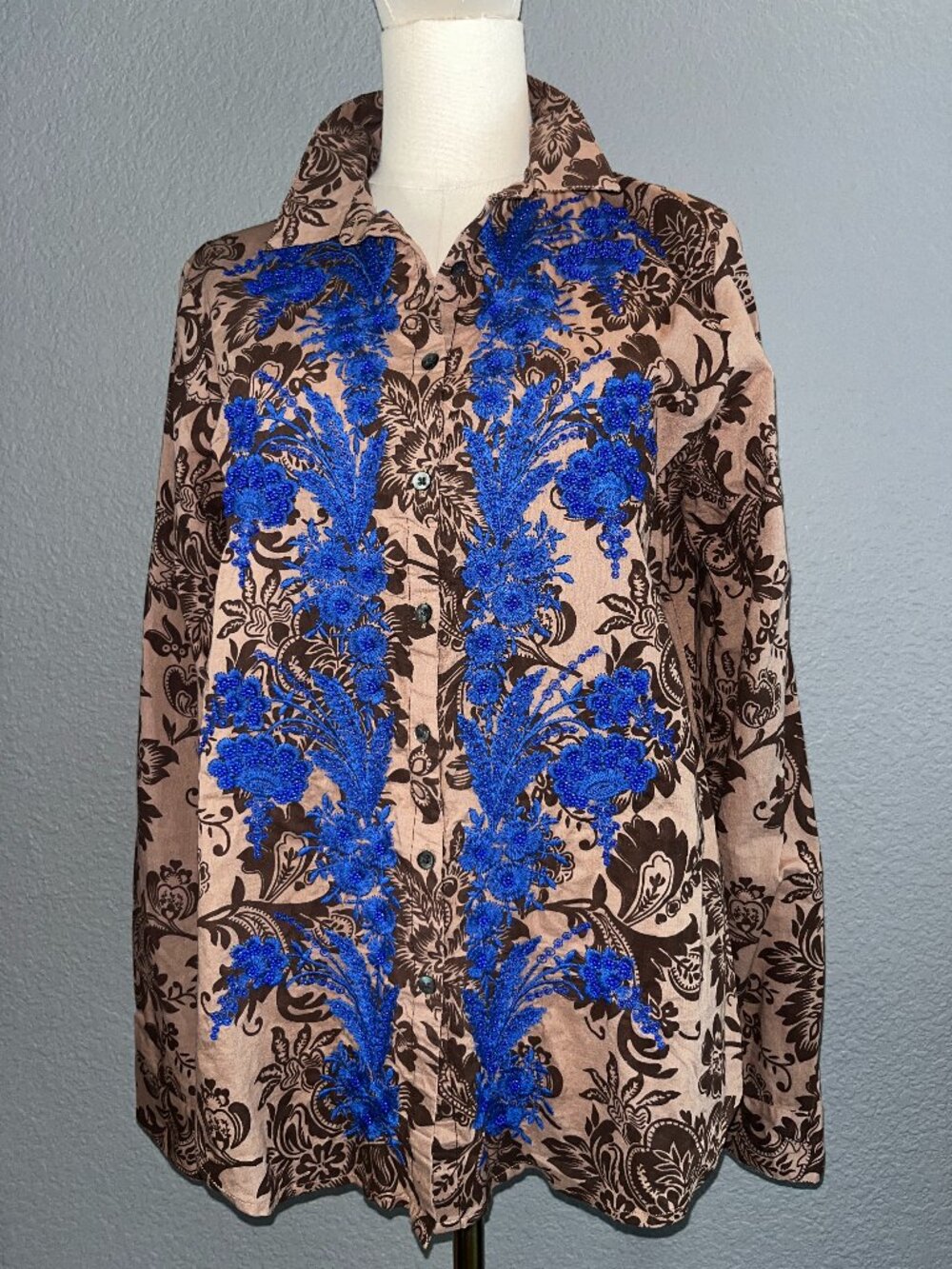 Sundance Winter Blooms Brown Floral Royal Blue Beaded Button Down Blouse Shirt M